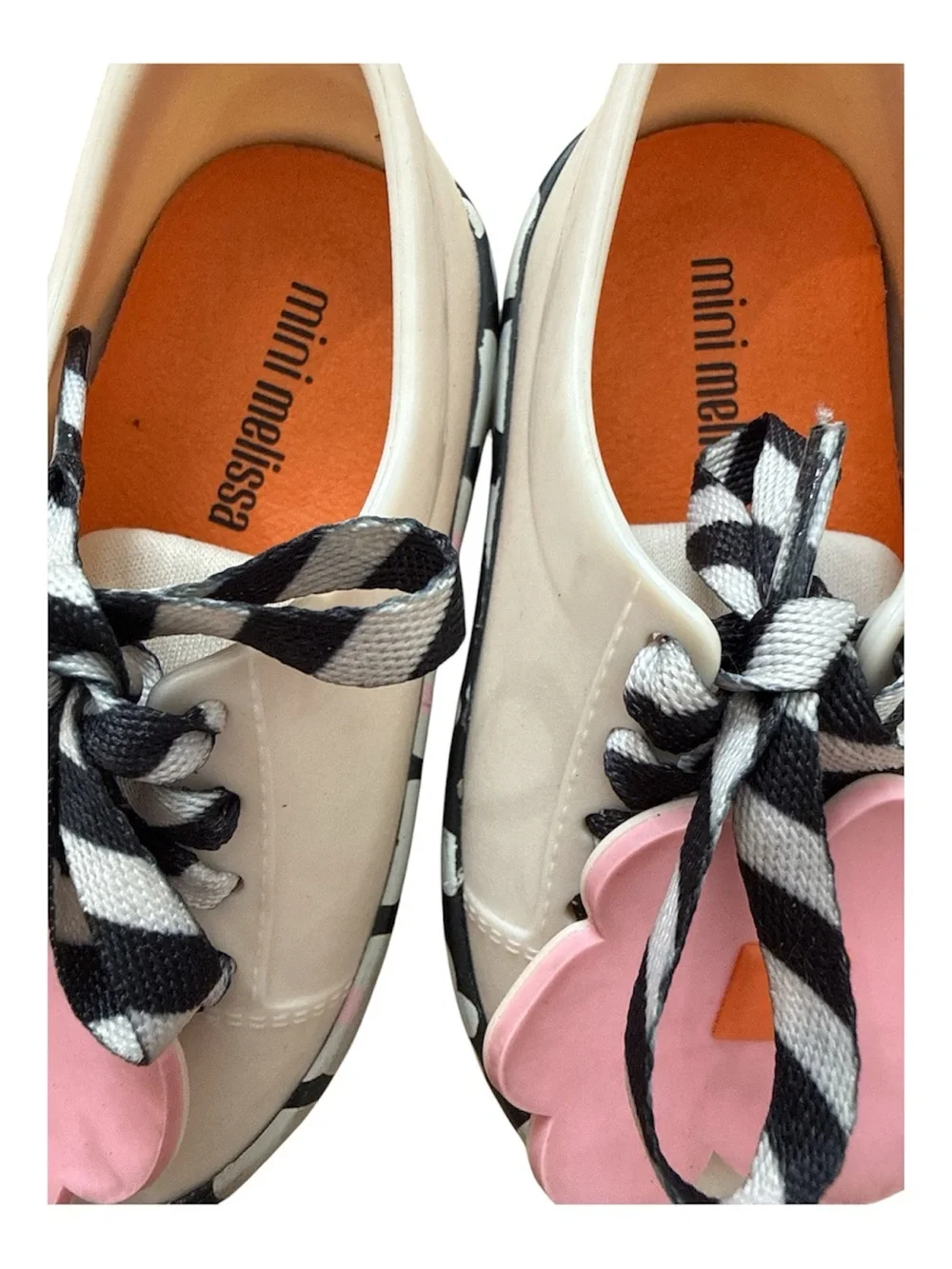 Mini Melissa Girls White Lace-Up Shoes with Pink Flower Charm